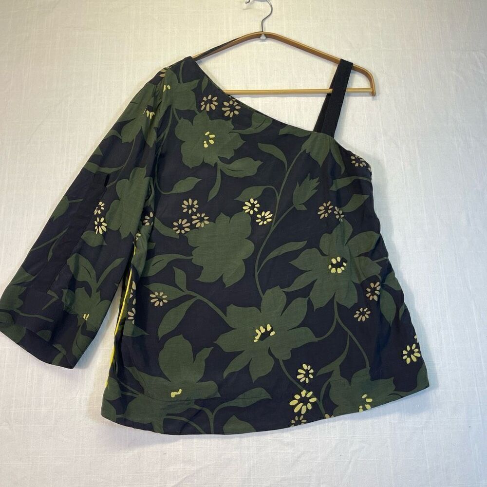 Mint Velvet Black Green Yellow Floral Piping Cold Shoulder Blouse Size 10 NWOT